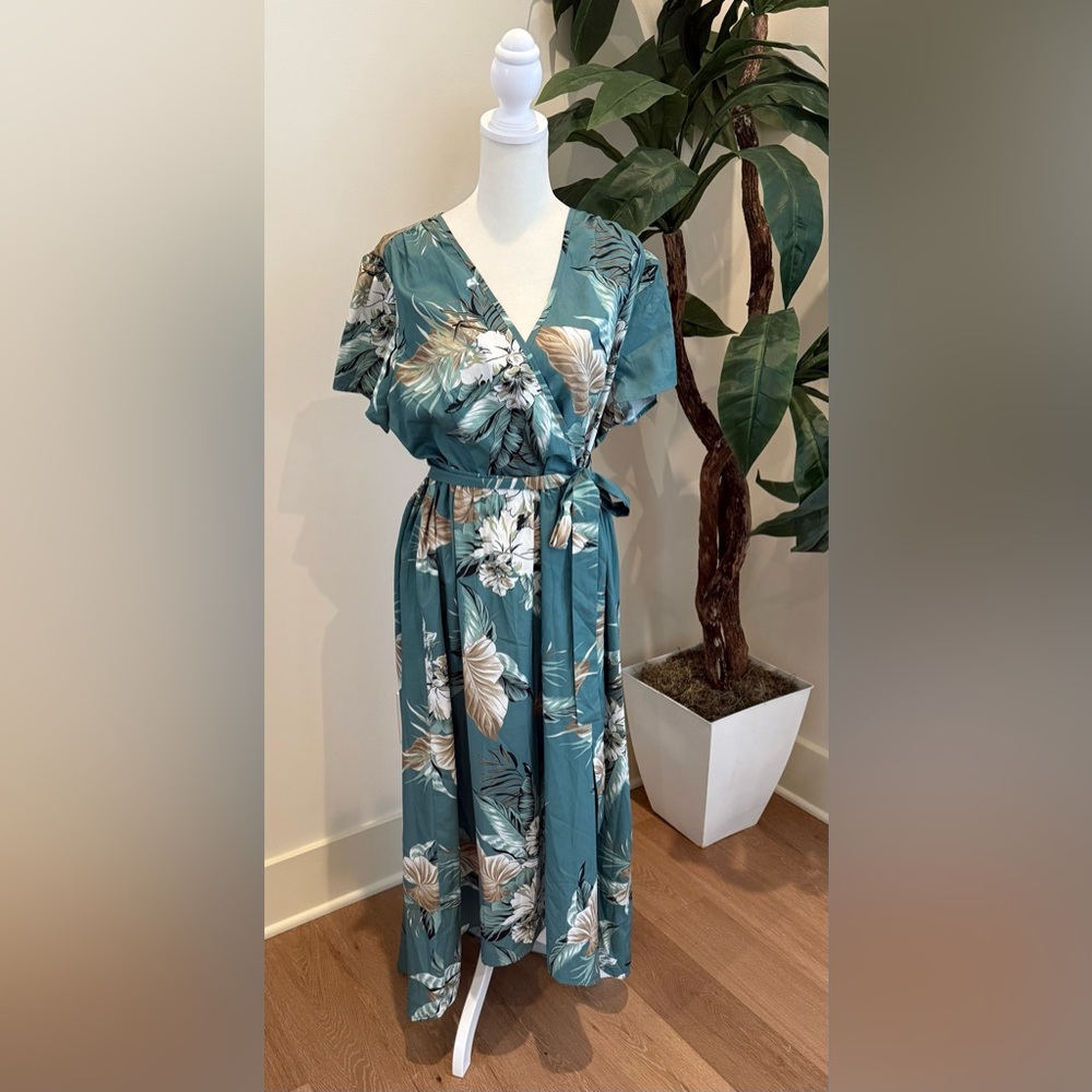 Teal Floral Faux Wrap Maxi Dress
